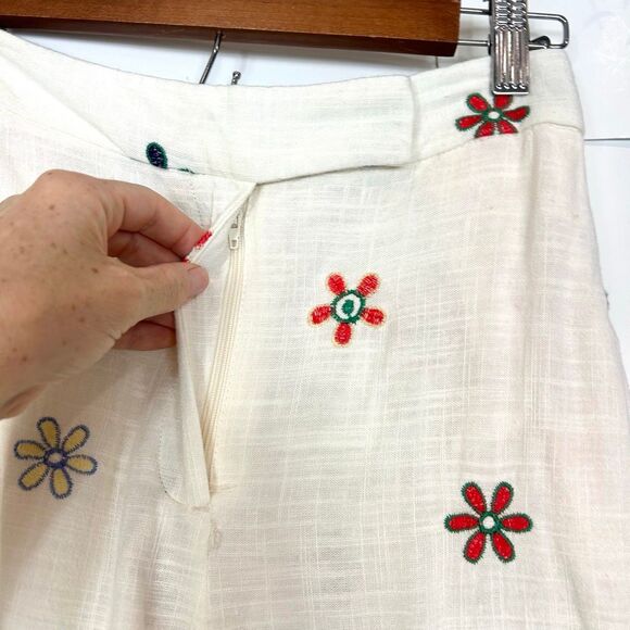 Zara Culottes Pants Womens XS Ivory Floral Linen Blend Embroidered Wide Leg - Picture 6 of 16